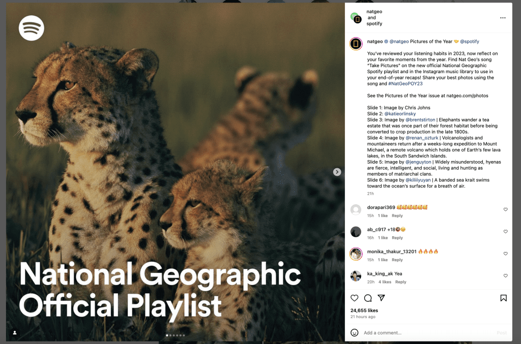 Brands like National Geographic leverage multi-image posts to tell captivating visual stories
